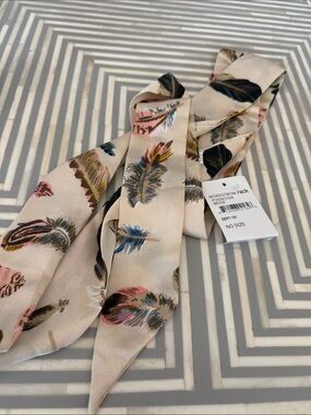 Nordstrom Beige Twilly Scarf with Multicolor Feather Print